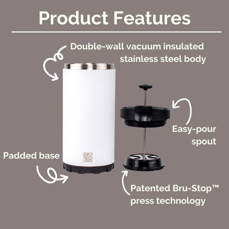 BruTrek Steel Toe 3.0 Travel Coffee Press - Brew 20 fl.oz On The Go - No Spill Lid, Double Wall Vacuum Insulated Stays Hot for Hours, French Press Coffee (Storm Gray) - Image 3